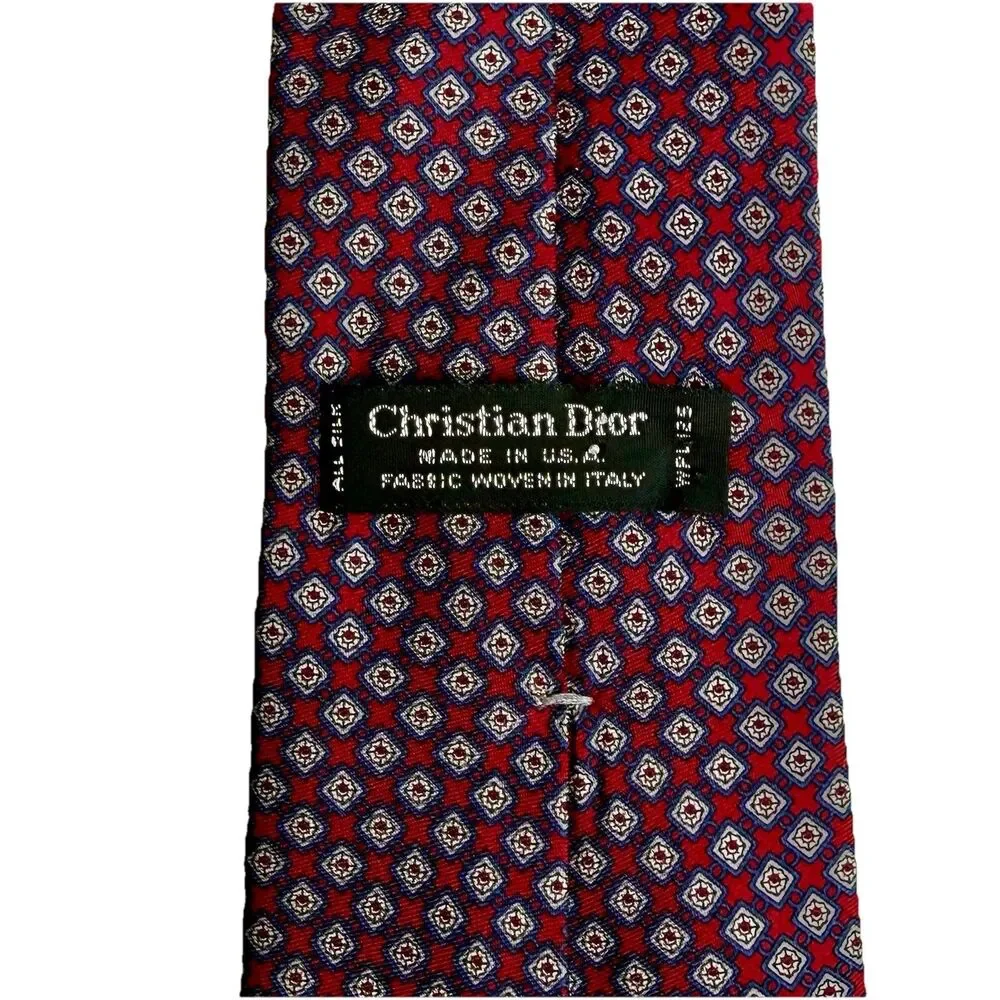 CHRISTIAN DIOR Men's Silk Tie - Red Navy Diamond Square Geometric 55.5